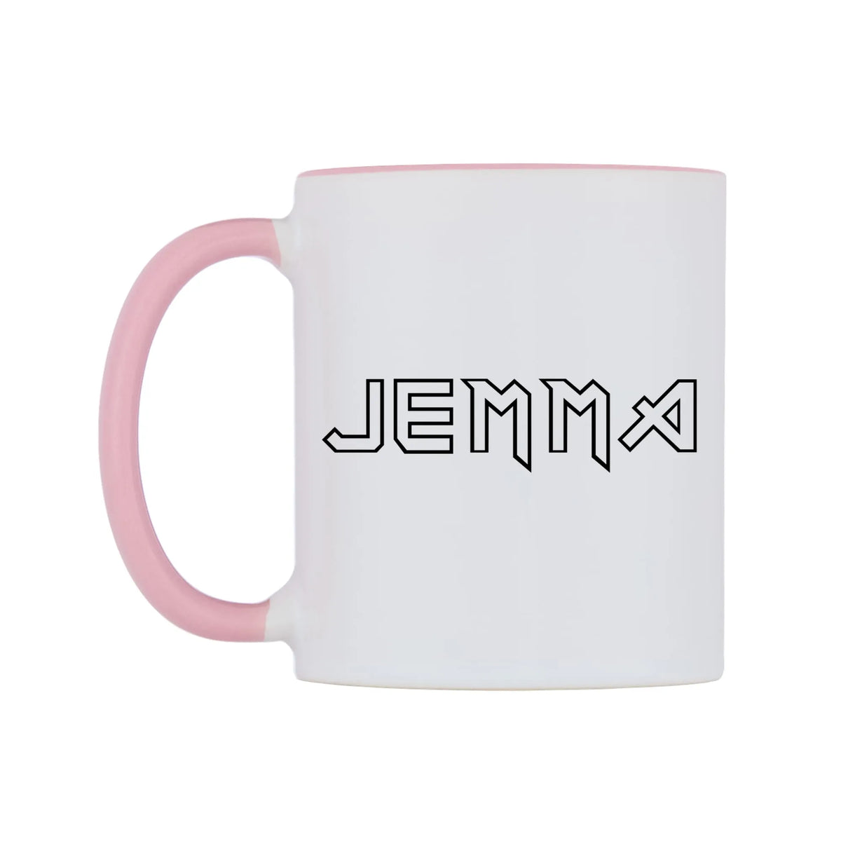 Jemma - Iron Maiden Themed Mug — white 11oz gloss mug with a pink inside and handle, right side, on a white background