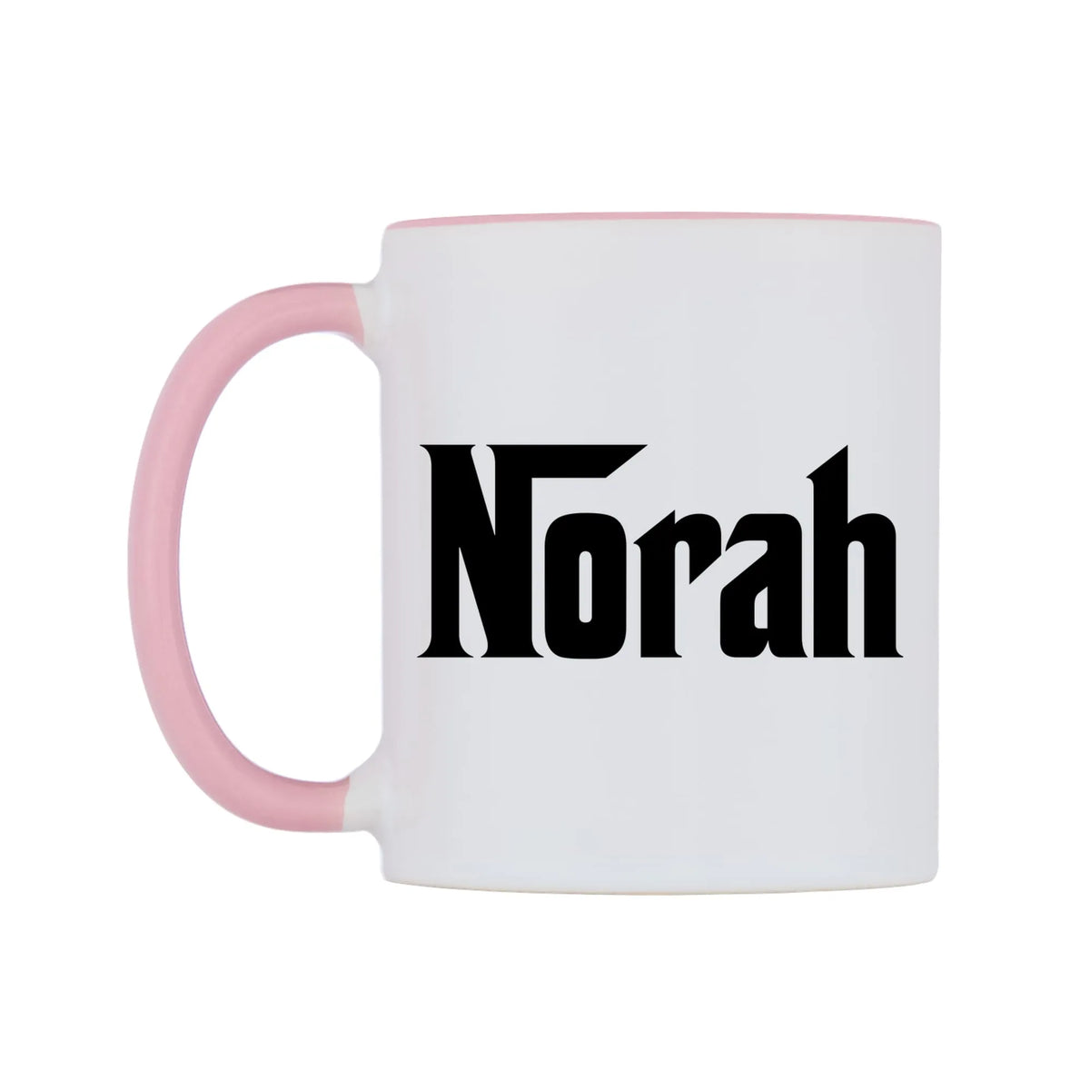 Norah - Godfather Themed Mug — white 11oz gloss mug with a pink inside and handle, right side, on a white background