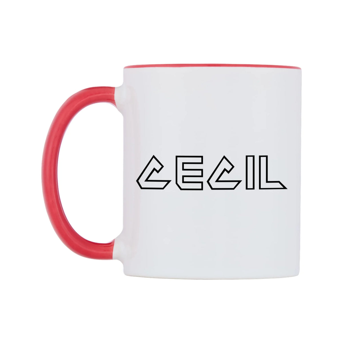 Cecil - Iron Maiden Themed Mug — white 11oz gloss mug with a red inside and handle, right side, on a white background