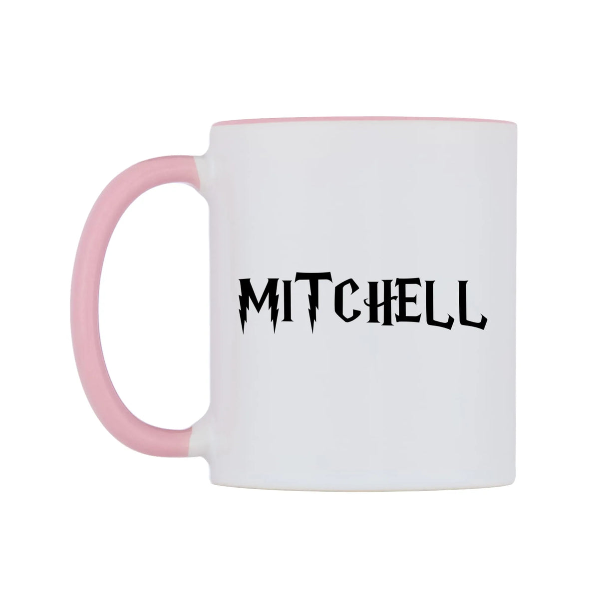 Mitchell - Wizard Themed Mug — white 11oz gloss mug with a pink inside and handle, right side, on a white background
