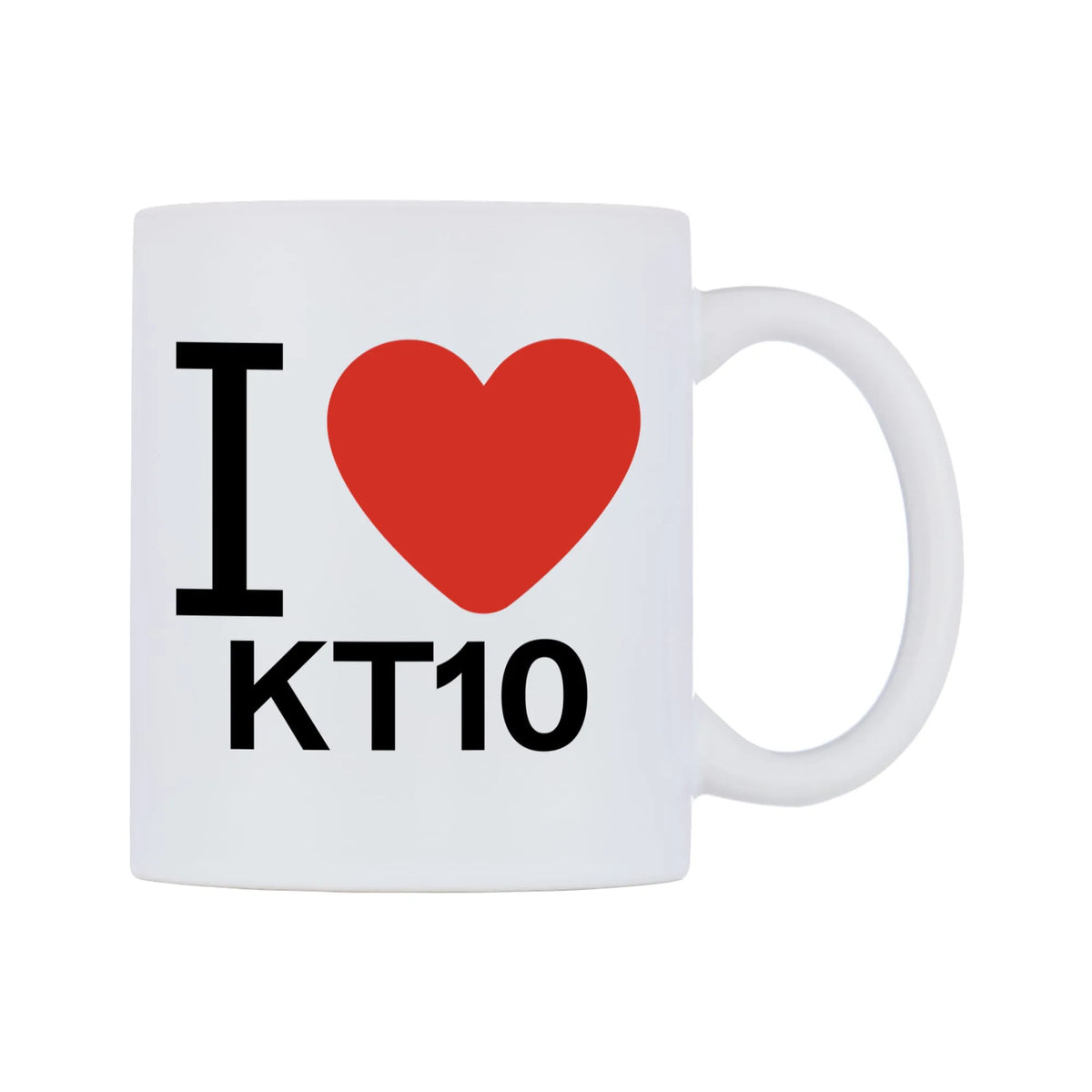 I Love KT10 Mug — white 11oz gloss mug, left side, on a white background