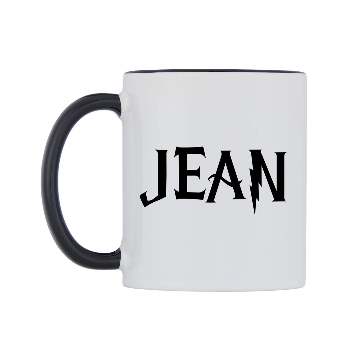 Jean - Wizard Themed Mug — white 11oz gloss mug with a black inside and handle, right side, on a white background