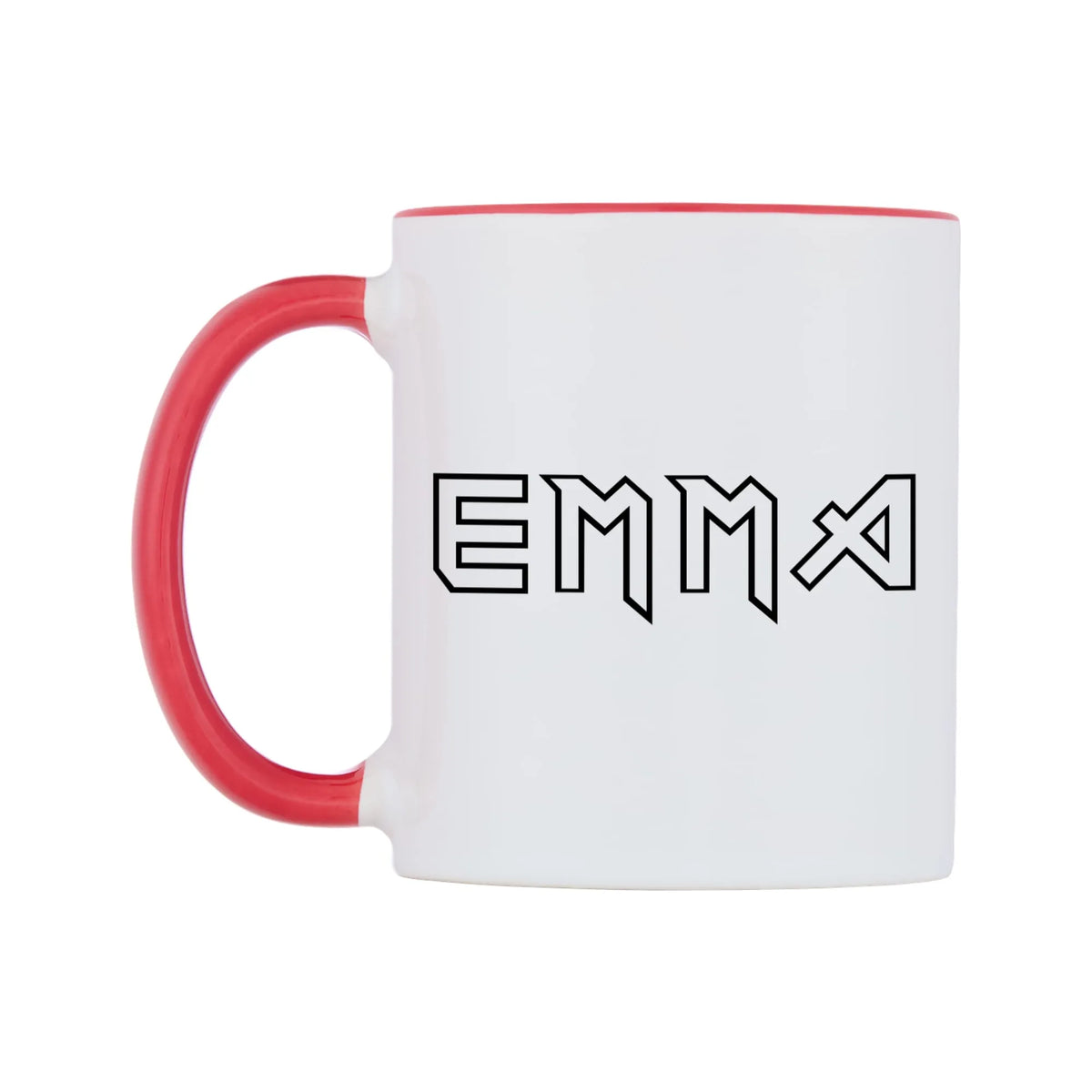 Emma - Iron Maiden Themed Mug — white 11oz gloss mug with a red inside and handle, right side, on a white background