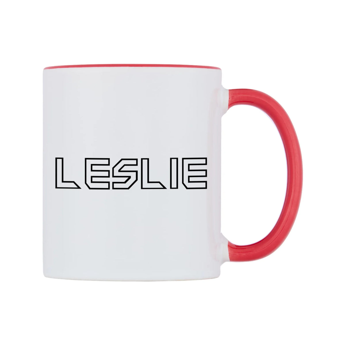 Leslie - Iron Maiden Themed Mug — white 11oz gloss mug with a red inside and handle, left side, on a white background