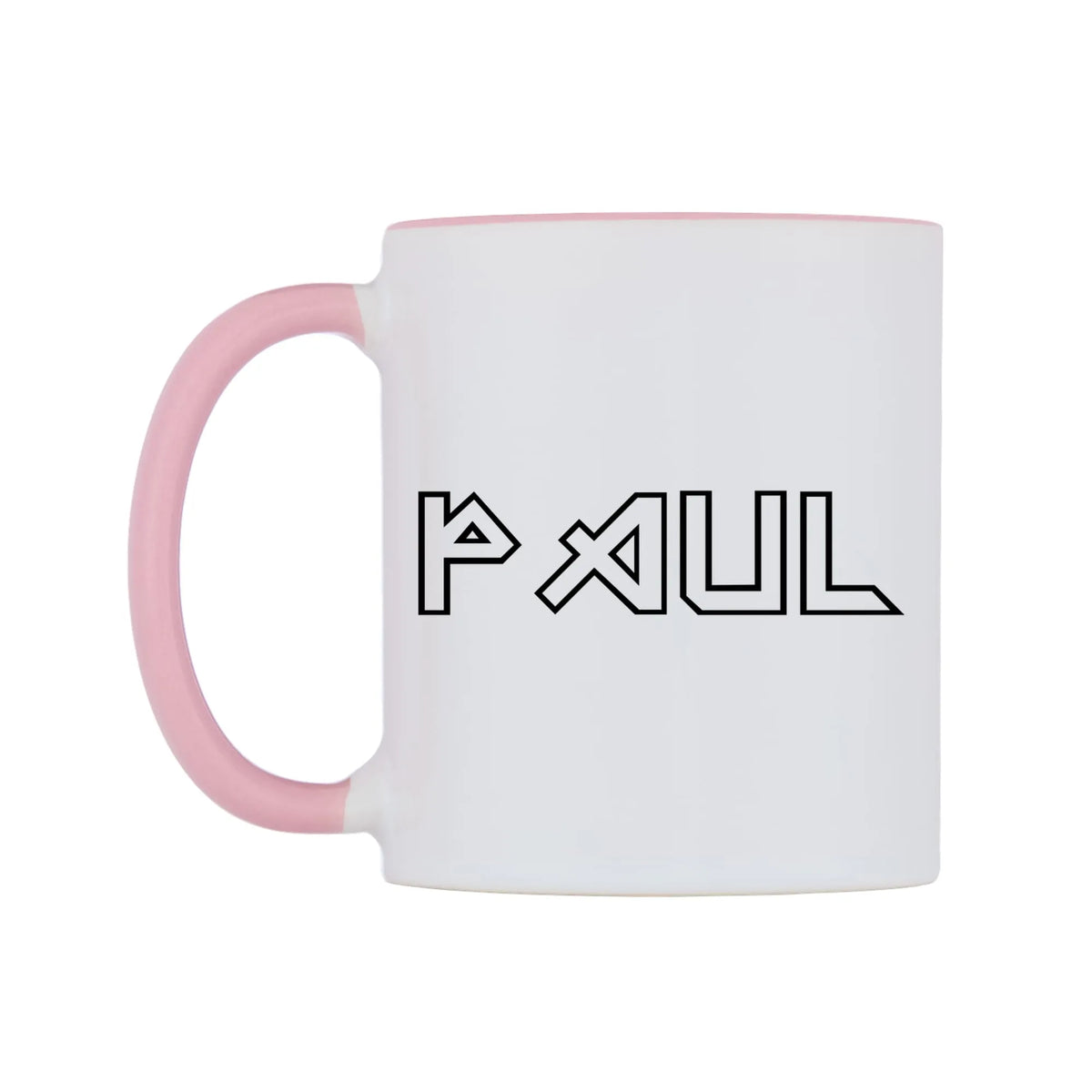 Paul - Iron Maiden Themed Mug — white 11oz gloss mug with a pink inside and handle, right side, on a white background