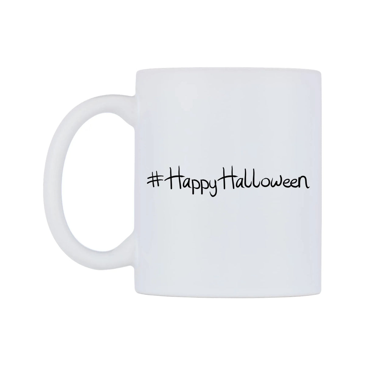 HappyHalloween Mug — white 11oz gloss mug, right side, on a white background