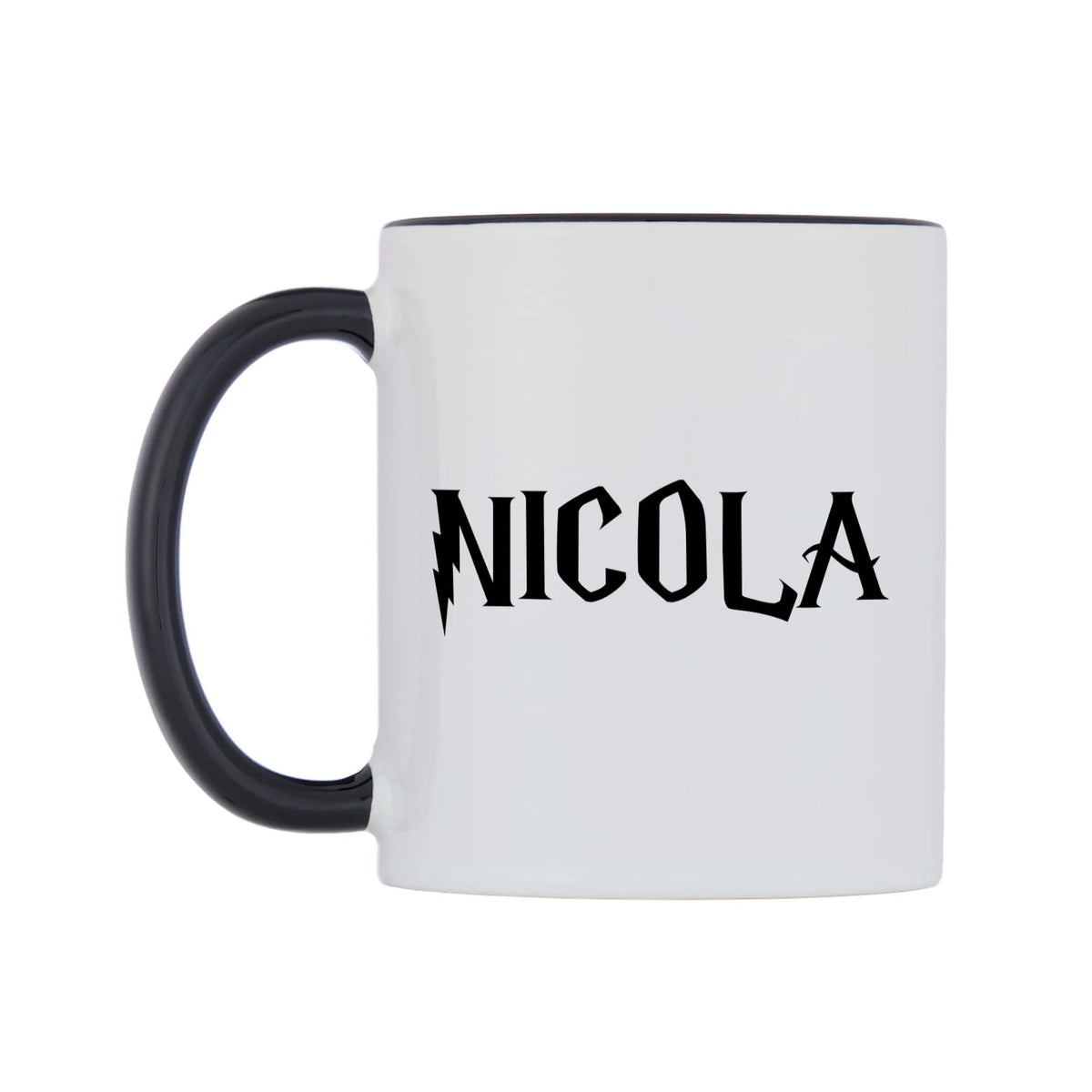 Nicola - Wizard Themed Mug — white 11oz gloss mug with a black inside and handle, right side, on a white background