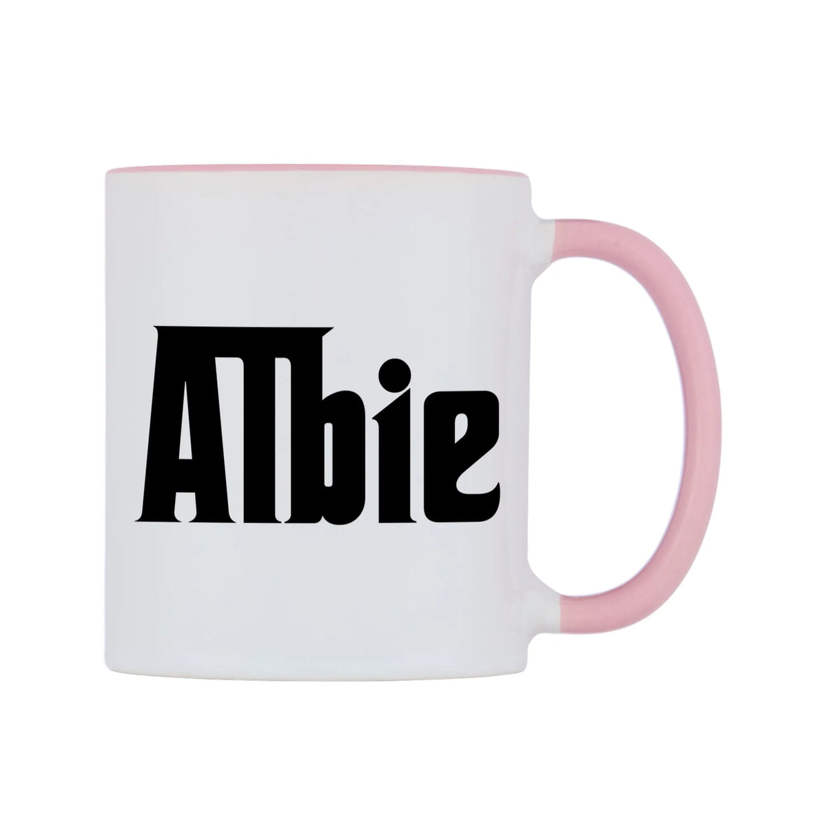 Albie - Godfather Themed Mug — white 11oz gloss mug with a pink inside and handle, left side, on a white background
