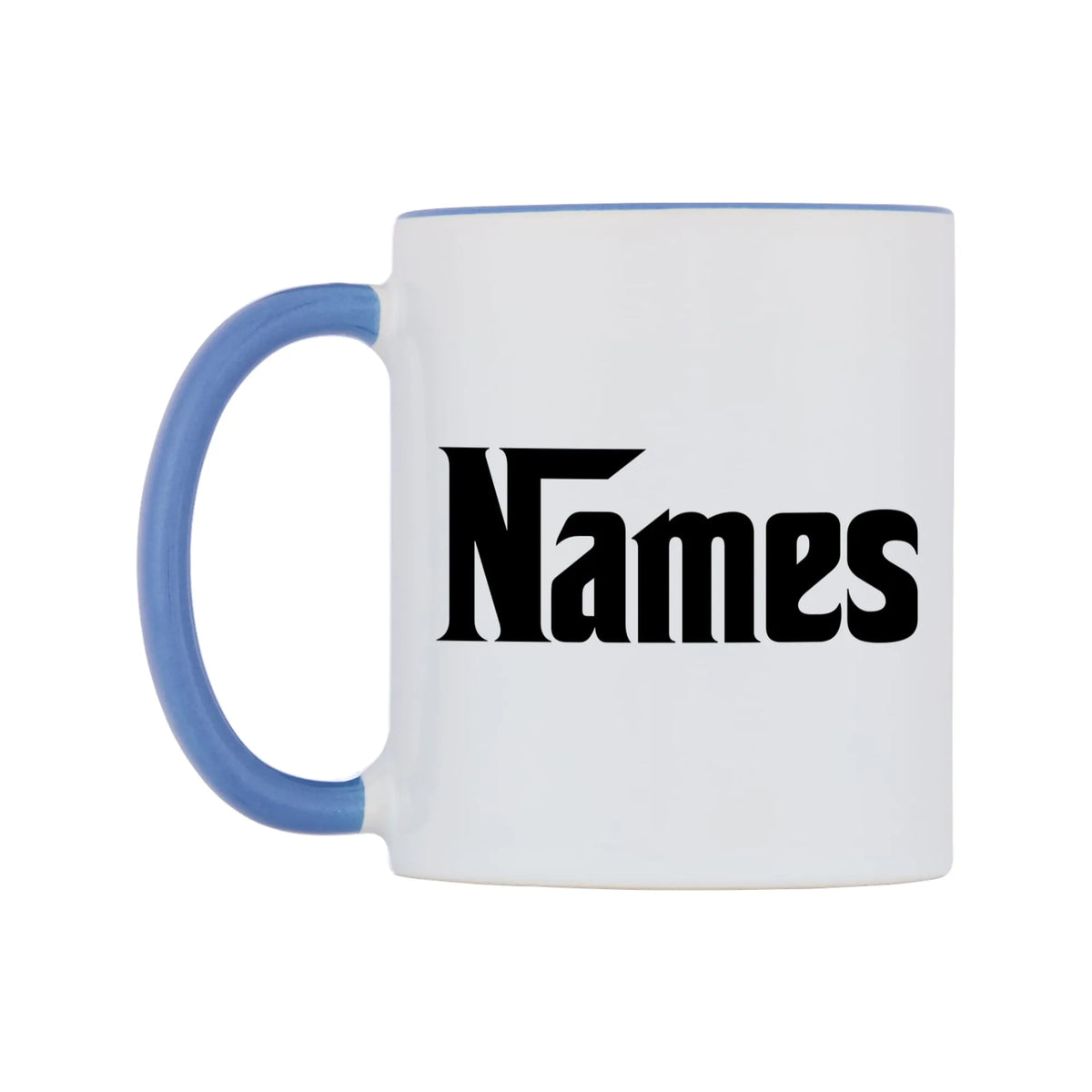 Personalised Godfather Themed Font Names Mug — white 11oz gloss mug with a cambridge blue inside and handle, right side, on a white background