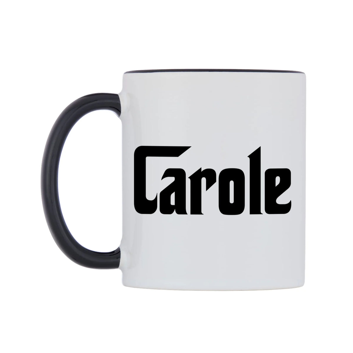 Carole - Godfather Themed Mug — white 11oz gloss mug with a black inside and handle, right side, on a white background