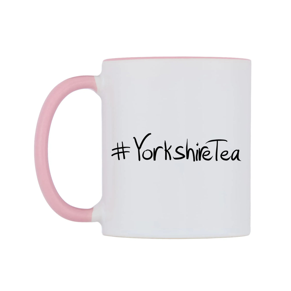 YorkshireTea Mug — white 11oz gloss mug with a pink inside and handle, right side, on a white background