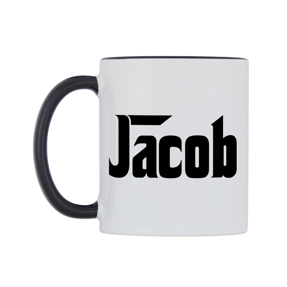 Jacob - Godfather Themed Mug — white 11oz gloss mug with a black inside and handle, right side, on a white background