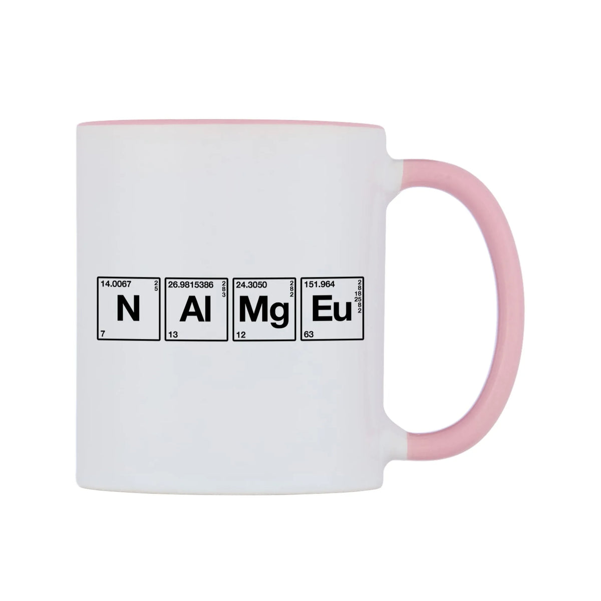 Chemistry Themed Personalised Mug — white 11oz gloss mug with a pink inside and handle, left side, on a white background