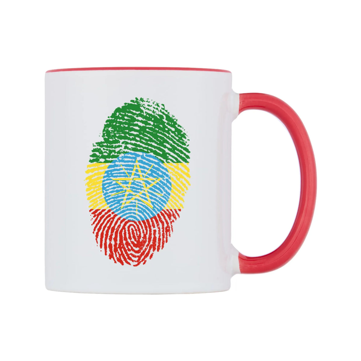 Ethiopia Finger Print Flag Mug — white 11oz gloss mug with a red inside and handle, left side, on a white background