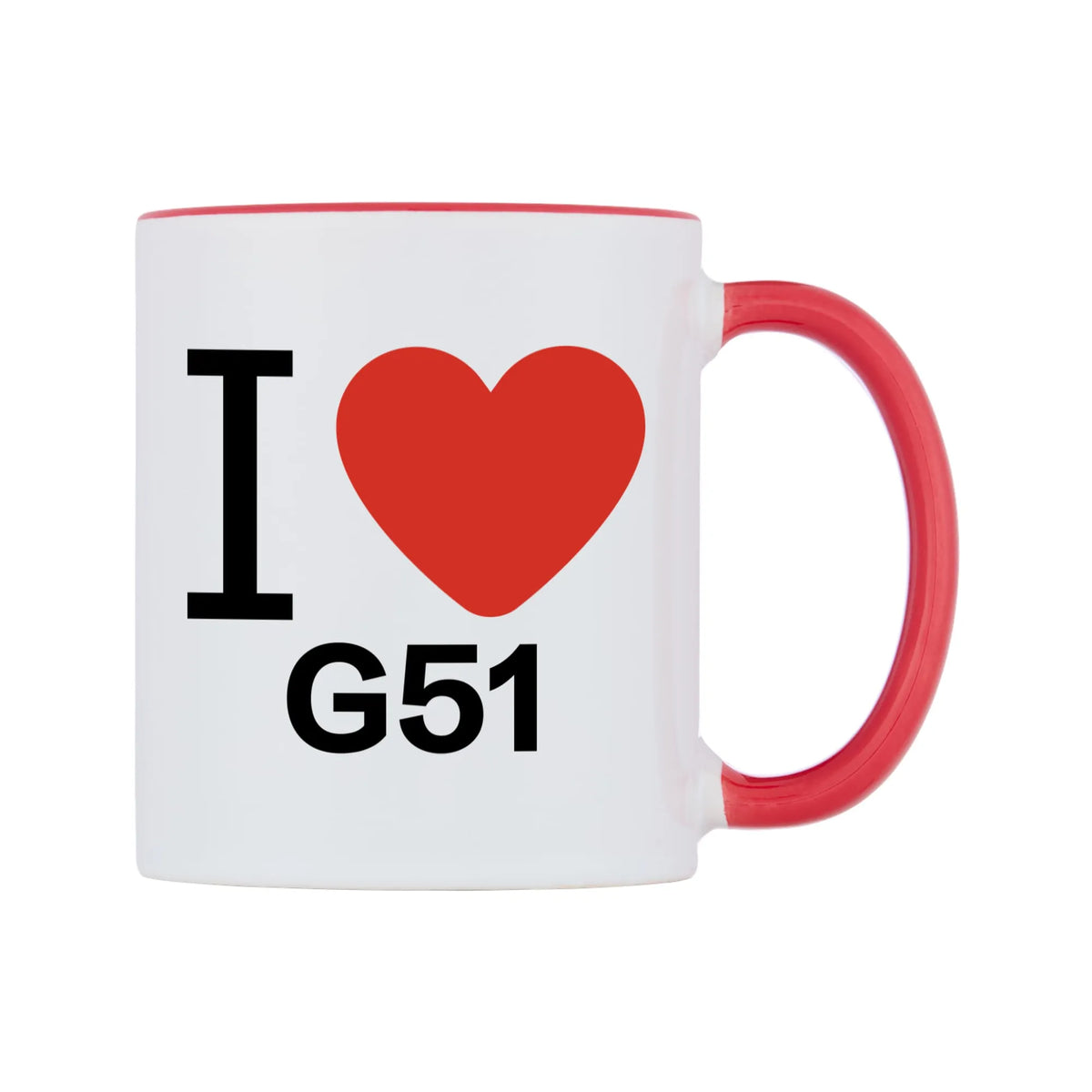 I Love G51 Mug — white 11oz gloss mug with a red inside and handle, left side, on a white background