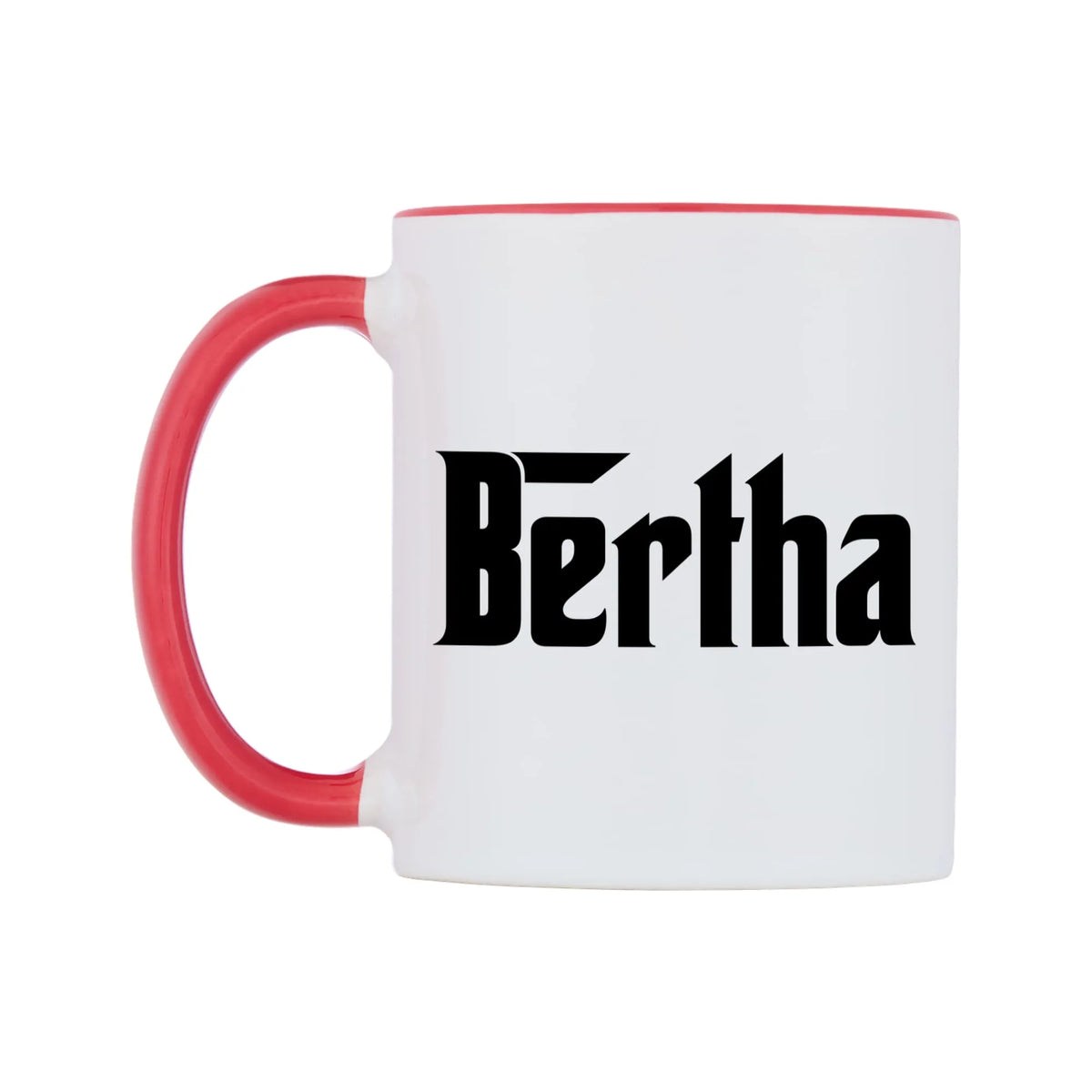 Bertha - Godfather Themed Mug — white 11oz gloss mug with a red inside and handle, right side, on a white background