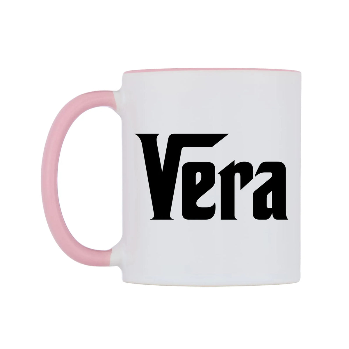Vera - Godfather Themed Mug — white 11oz gloss mug with a pink inside and handle, right side, on a white background