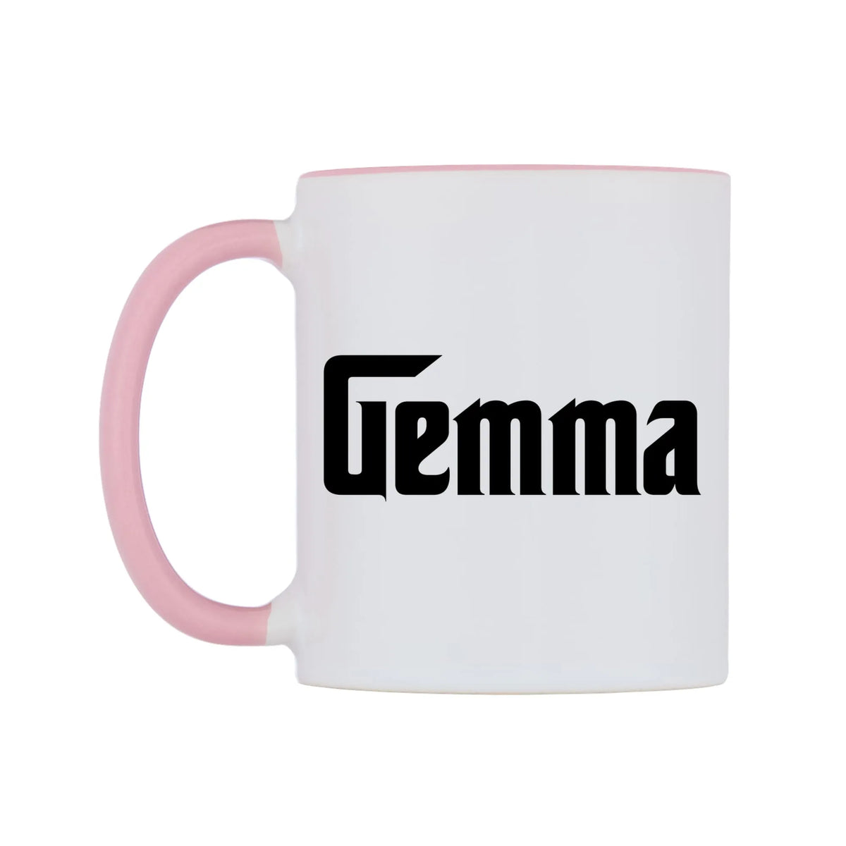Gemma - Godfather Themed Mug — white 11oz gloss mug with a pink inside and handle, right side, on a white background