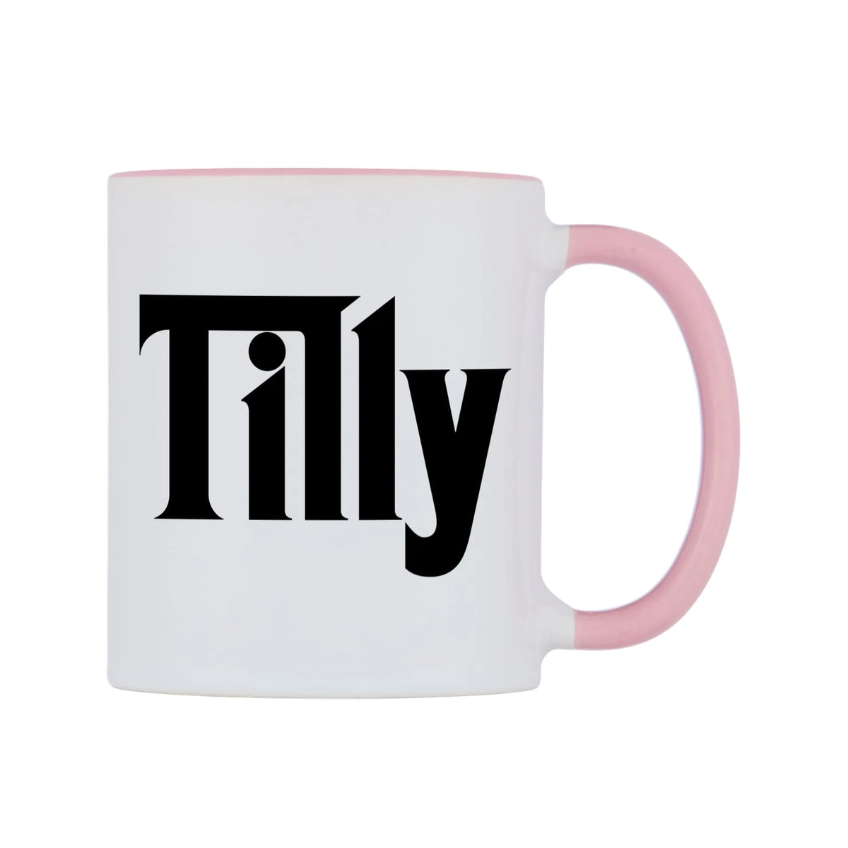 Tilly - Godfather Themed Mug — white 11oz gloss mug with a pink inside and handle, left side, on a white background