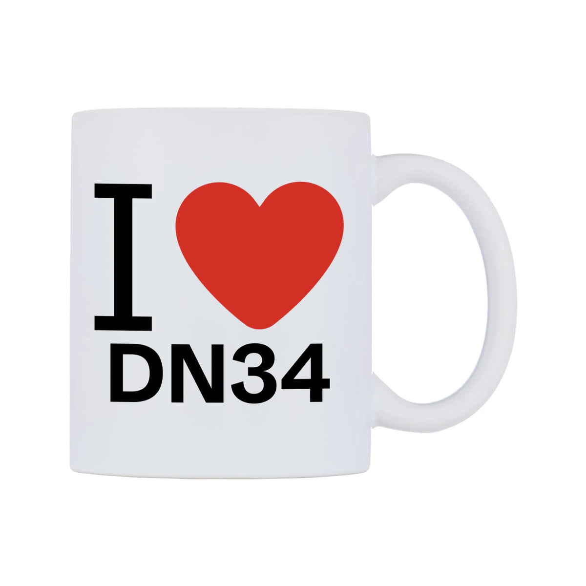 I Love DN34 Mug — white 11oz gloss mug, left side, on a white background