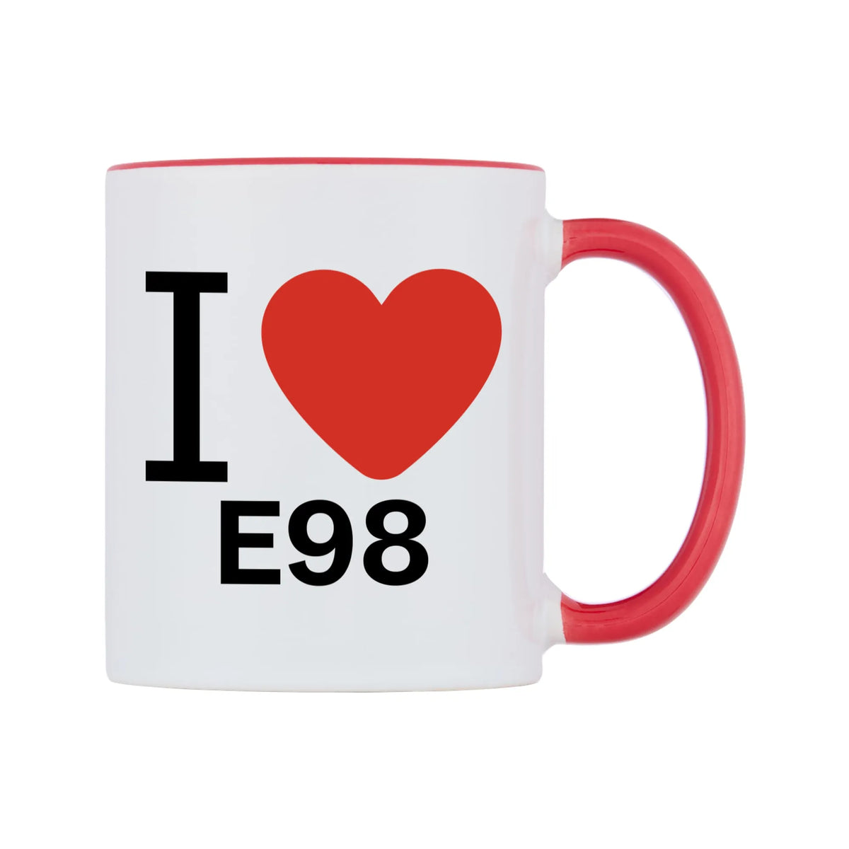 I Love E98 Mug — white 11oz gloss mug with a red inside and handle, left side, on a white background