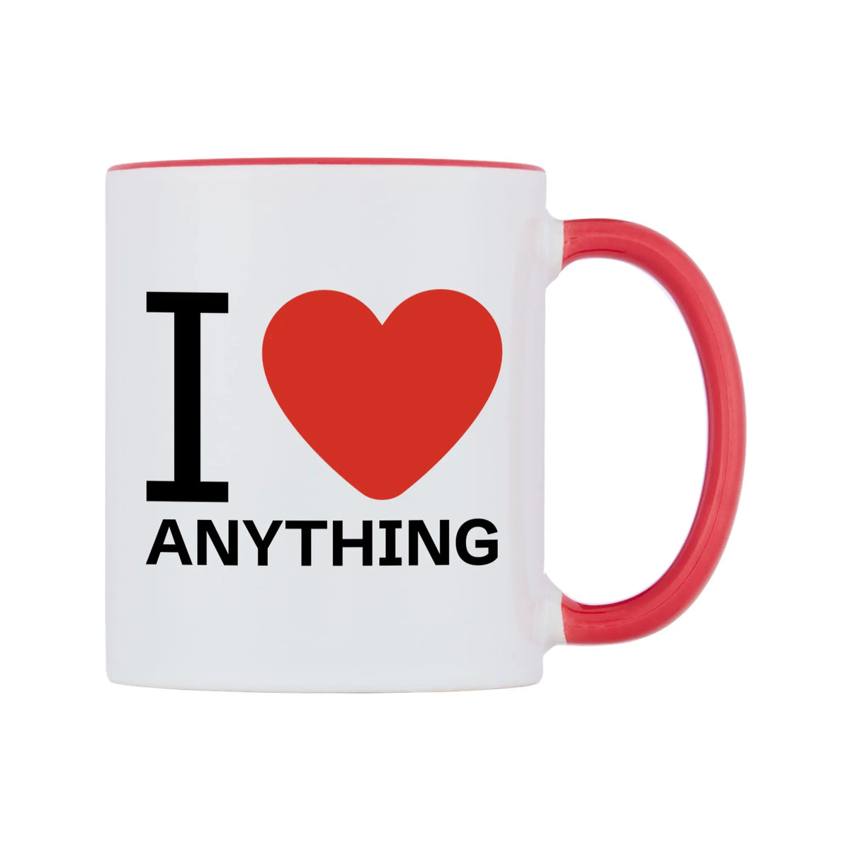 I Love Personalised Mug — white 11oz gloss mug with a red inside and handle, left side, on a white background