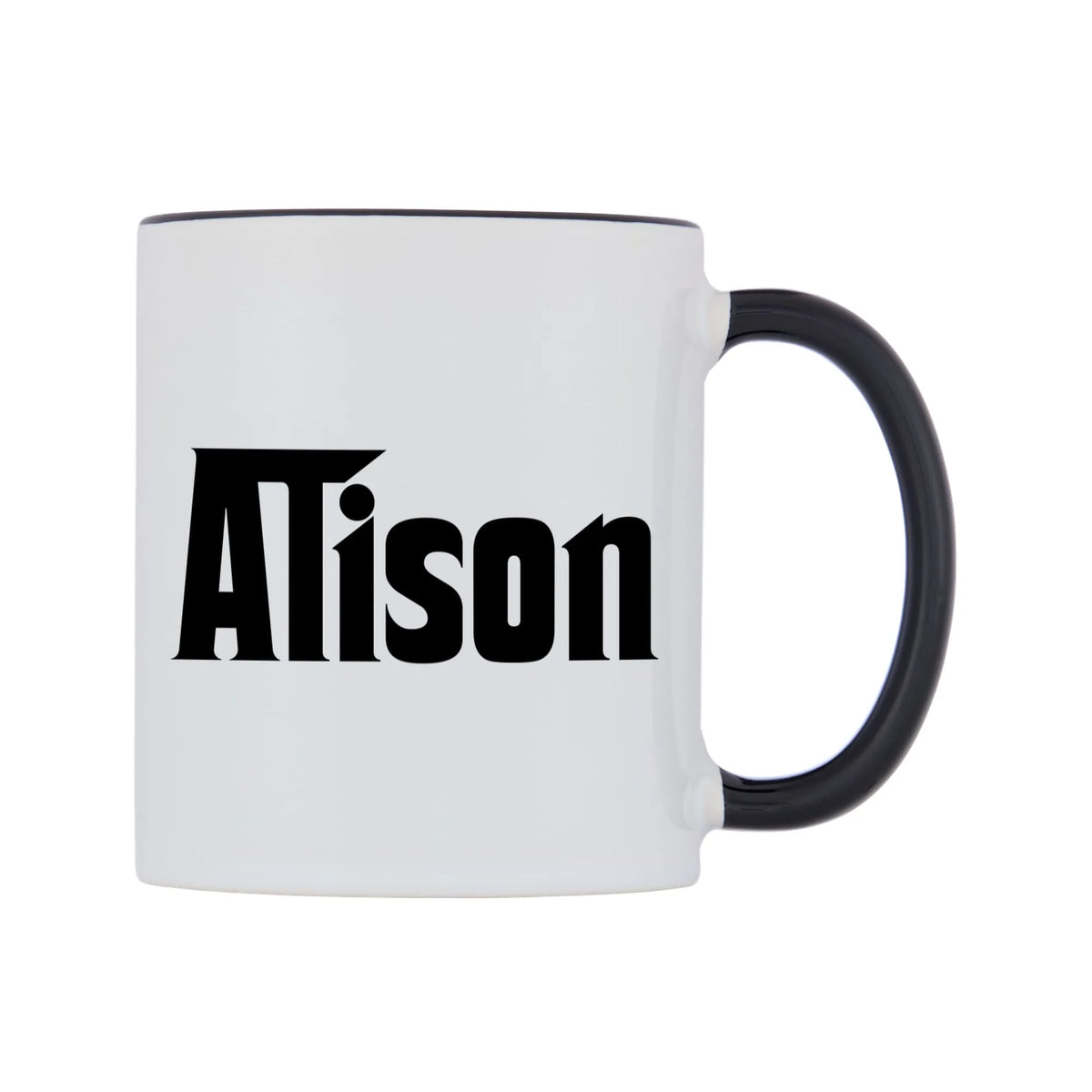 Alison - Godfather Themed Mug — white 11oz gloss mug with a black inside and handle, left side, on a white background