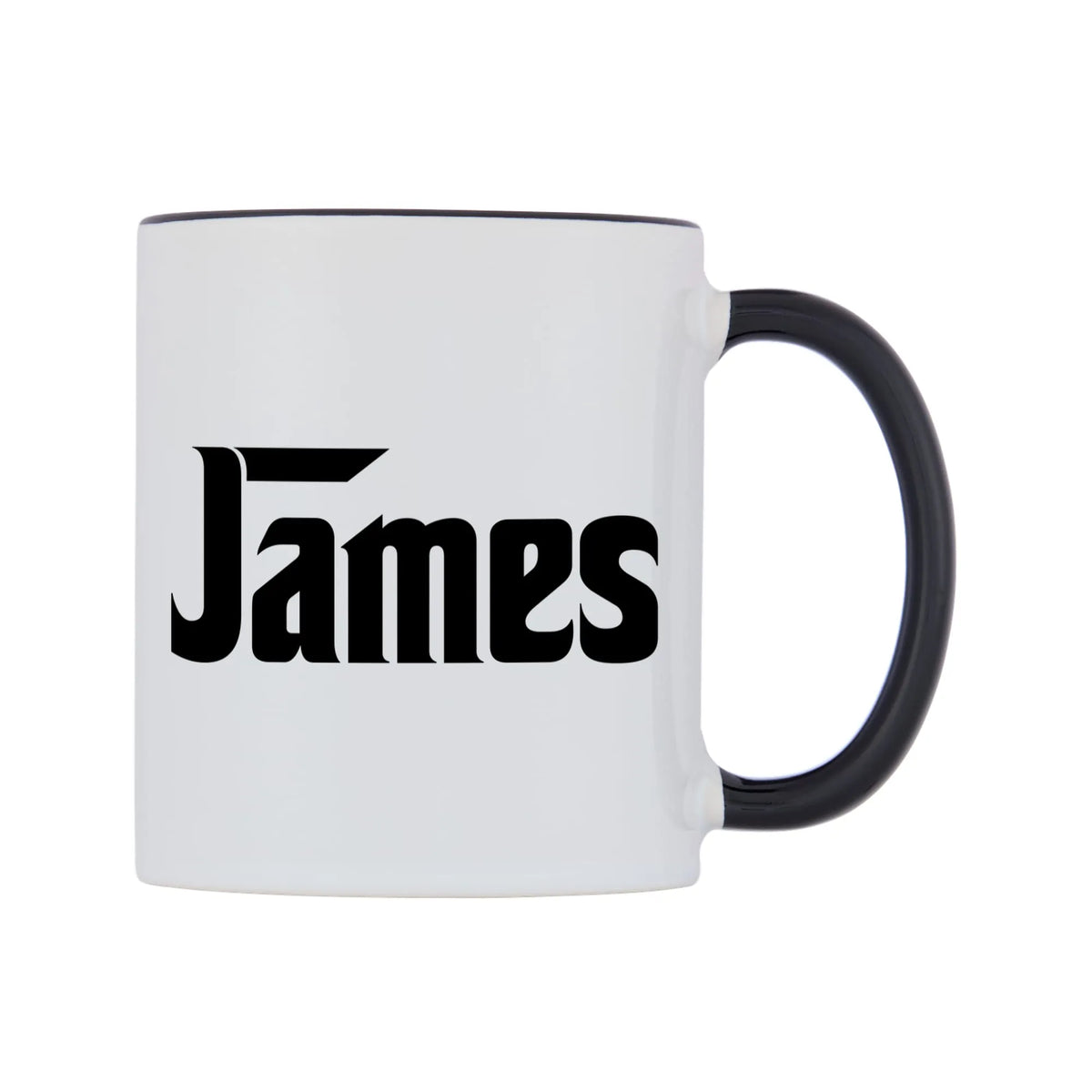 James - Godfather Themed Mug — white 11oz gloss mug with a black inside and handle, left side, on a white background