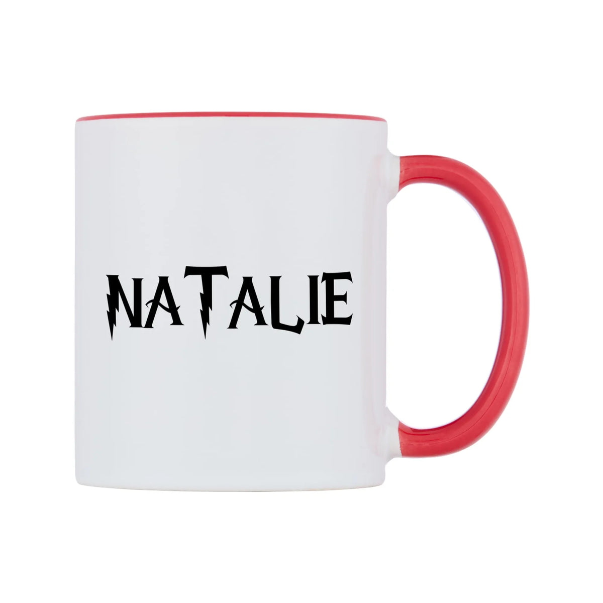Natalie - Wizard Themed Mug — white 11oz gloss mug with a red inside and handle, left side, on a white background