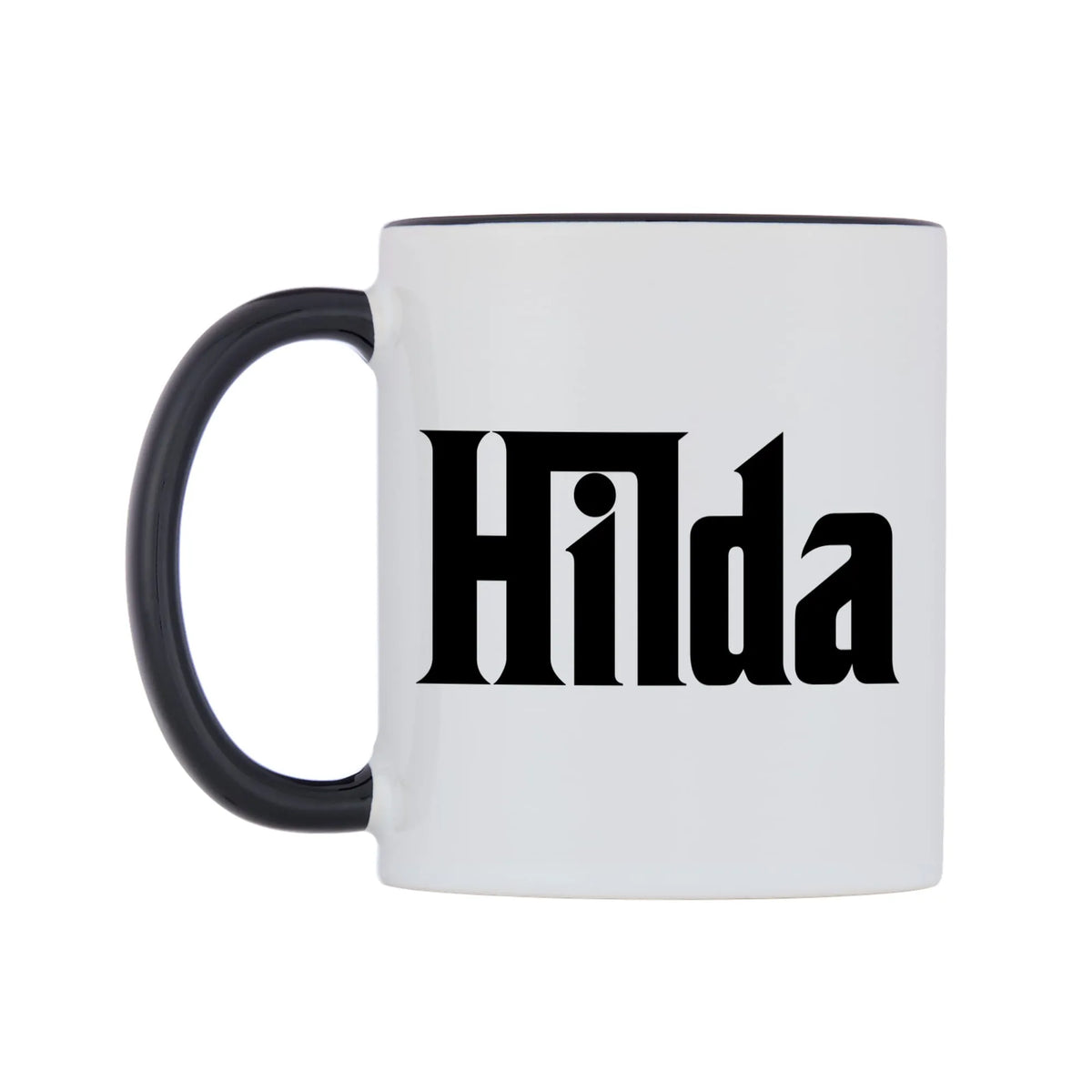 Hilda - Godfather Themed Mug — white 11oz gloss mug with a black inside and handle, right side, on a white background