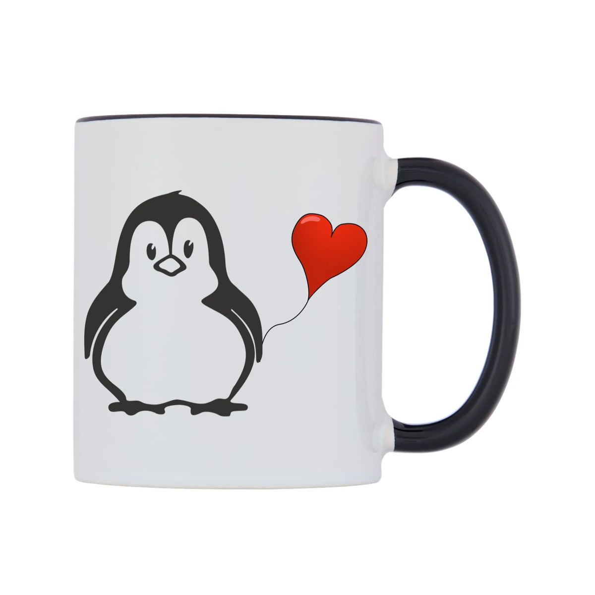 Love Heart Penguin Mug — white 11oz gloss mug with a black inside and handle, left side, on a white background