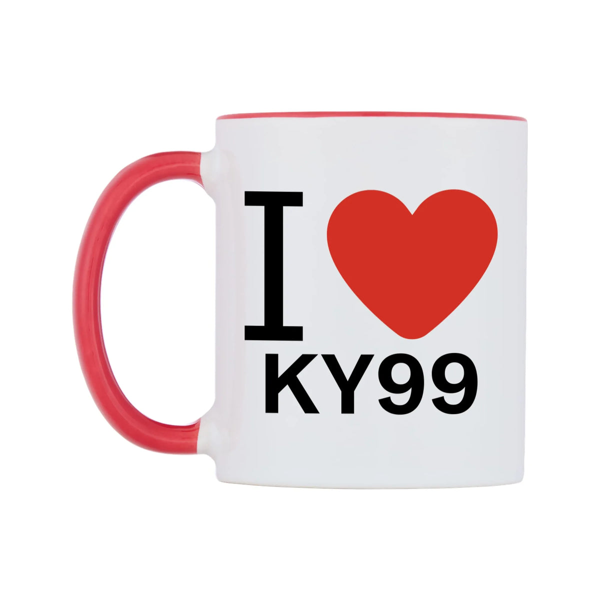I Love KY99 Mug — white 11oz gloss mug with a red inside and handle, right side, on a white background
