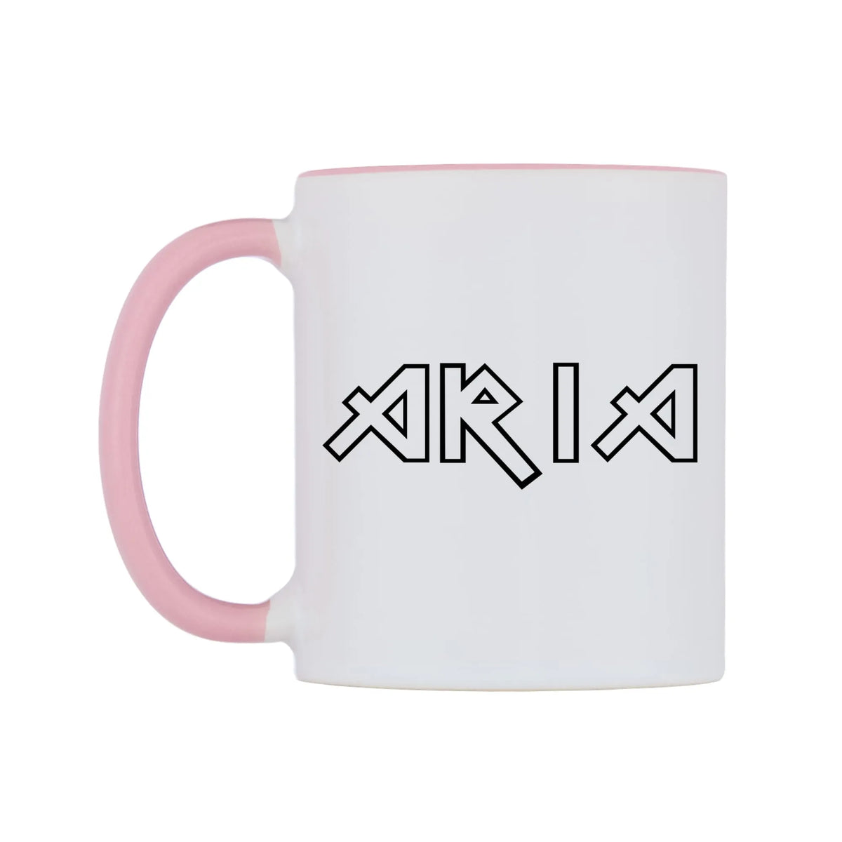 Aria - Iron Maiden Themed Mug — white 11oz gloss mug with a pink inside and handle, right side, on a white background