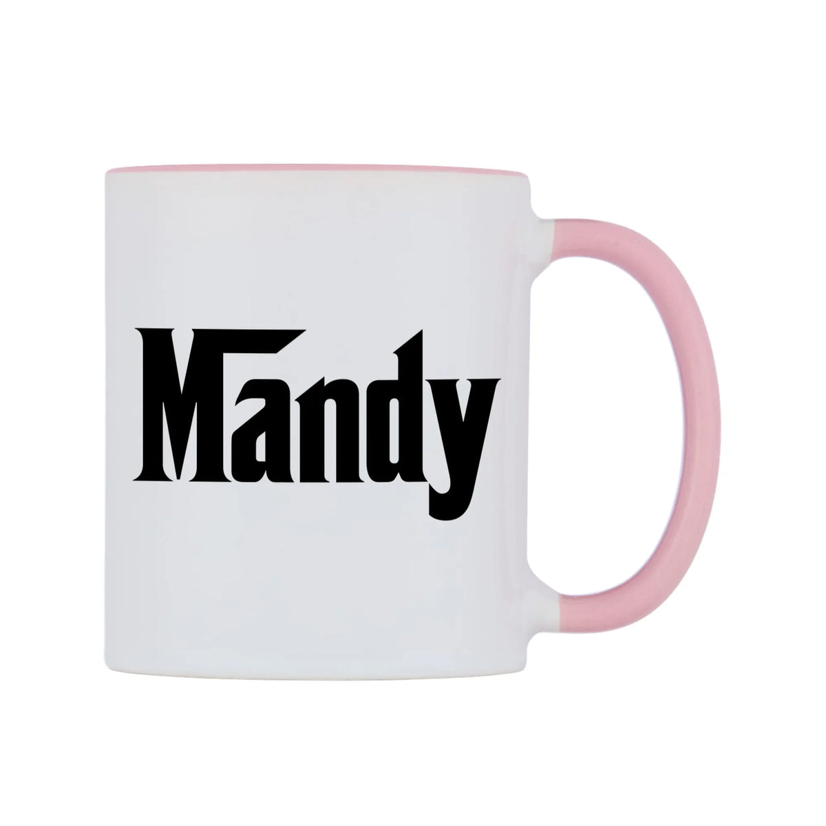 Mandy - Godfather Themed Mug — white 11oz gloss mug with a pink inside and handle, left side, on a white background