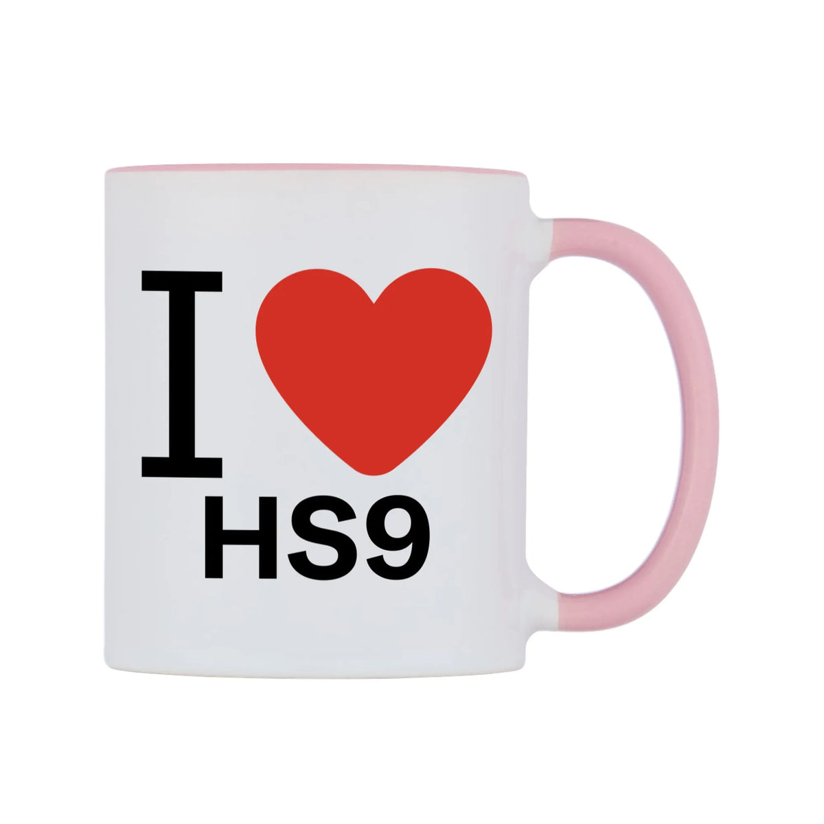 I Love HS9 Mug — white 11oz gloss mug with a pink inside and handle, left side, on a white background