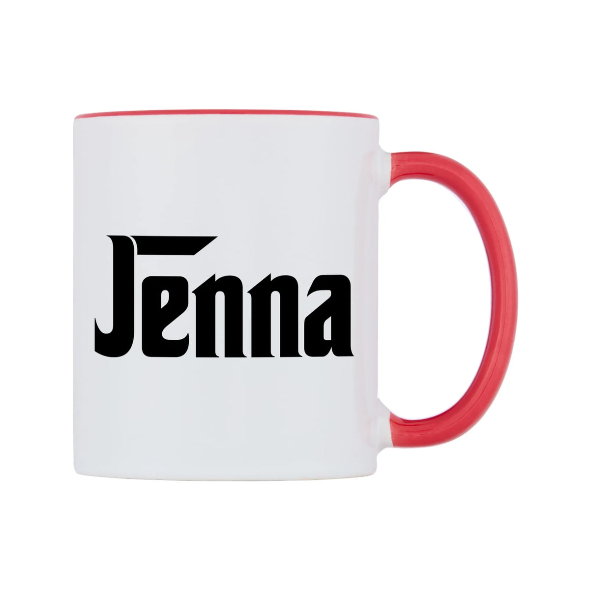 Jenna - Godfather Themed Mug — white 11oz gloss mug with a red inside and handle, left side, on a white background