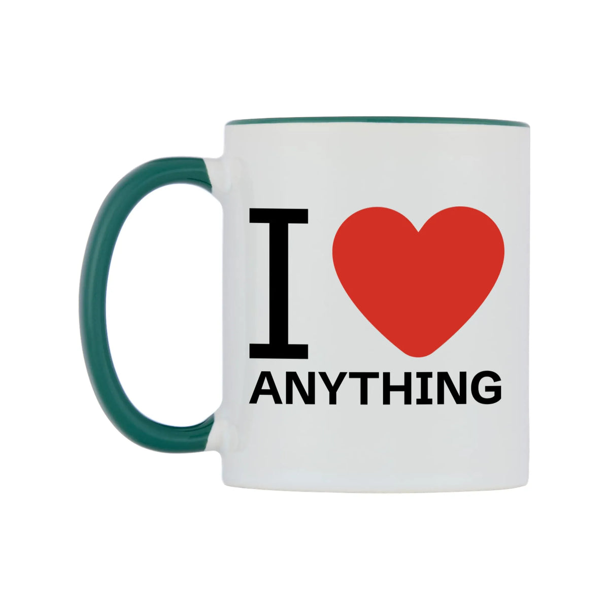 I Love Personalised Mug — white 11oz gloss mug with a green inside and handle, right side, on a white background