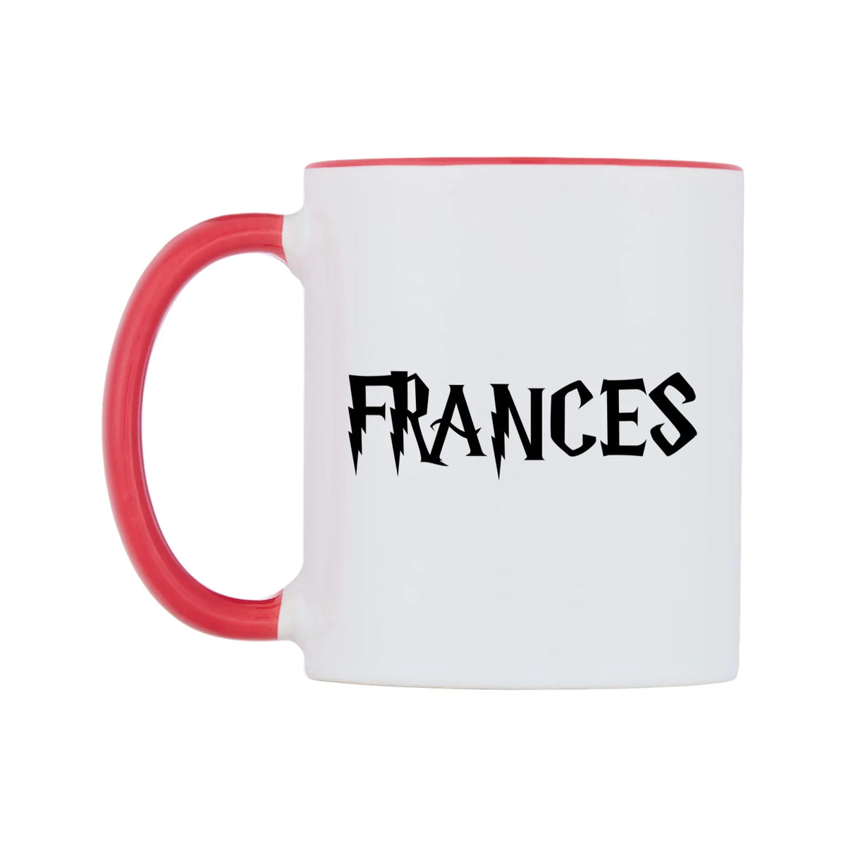 Frances - Wizard Themed Mug — white 11oz gloss mug with a red inside and handle, right side, on a white background