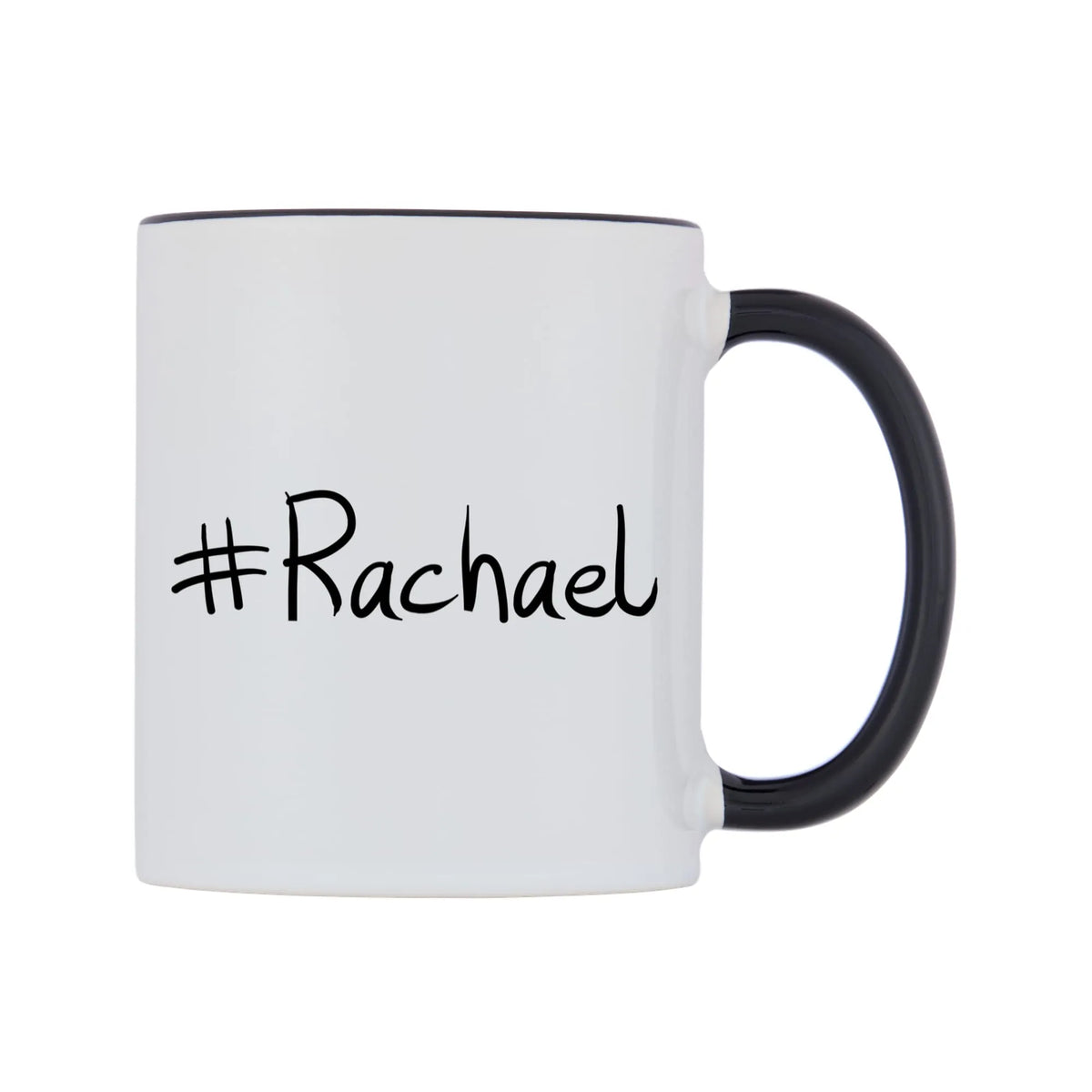 Rachael Mug — white 11oz gloss mug with a black inside and handle, left side, on a white background
