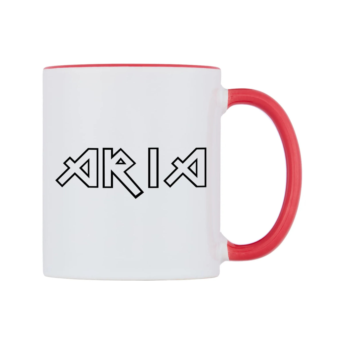 Aria - Iron Maiden Themed Mug — white 11oz gloss mug with a red inside and handle, left side, on a white background