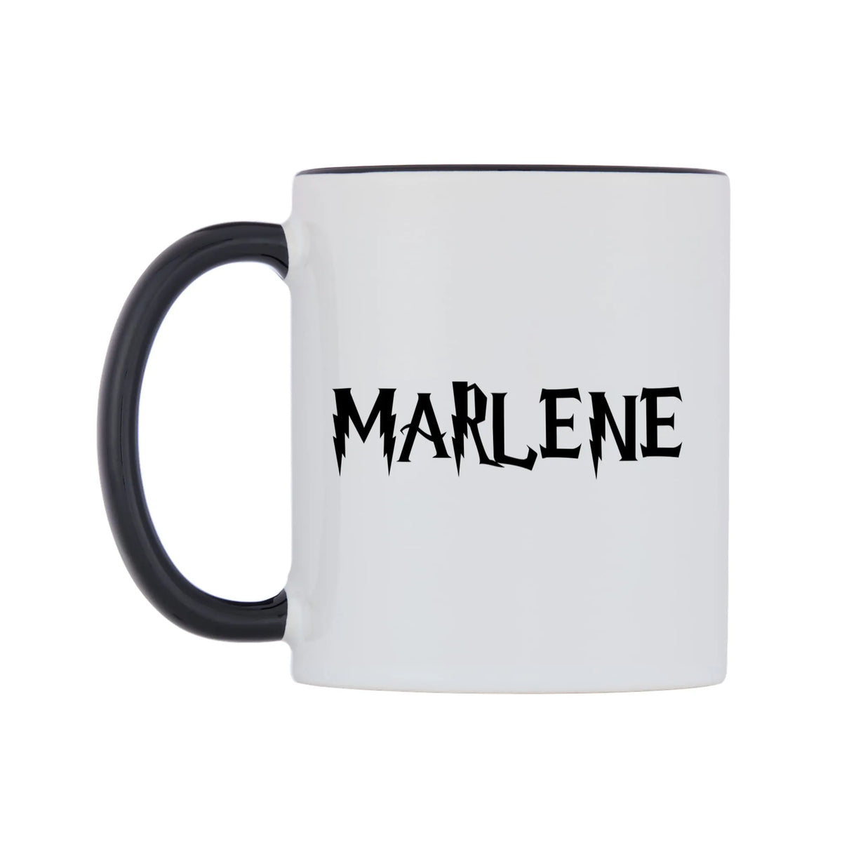 Marlene - Wizard Themed Mug — white 11oz gloss mug with a black inside and handle, right side, on a white background