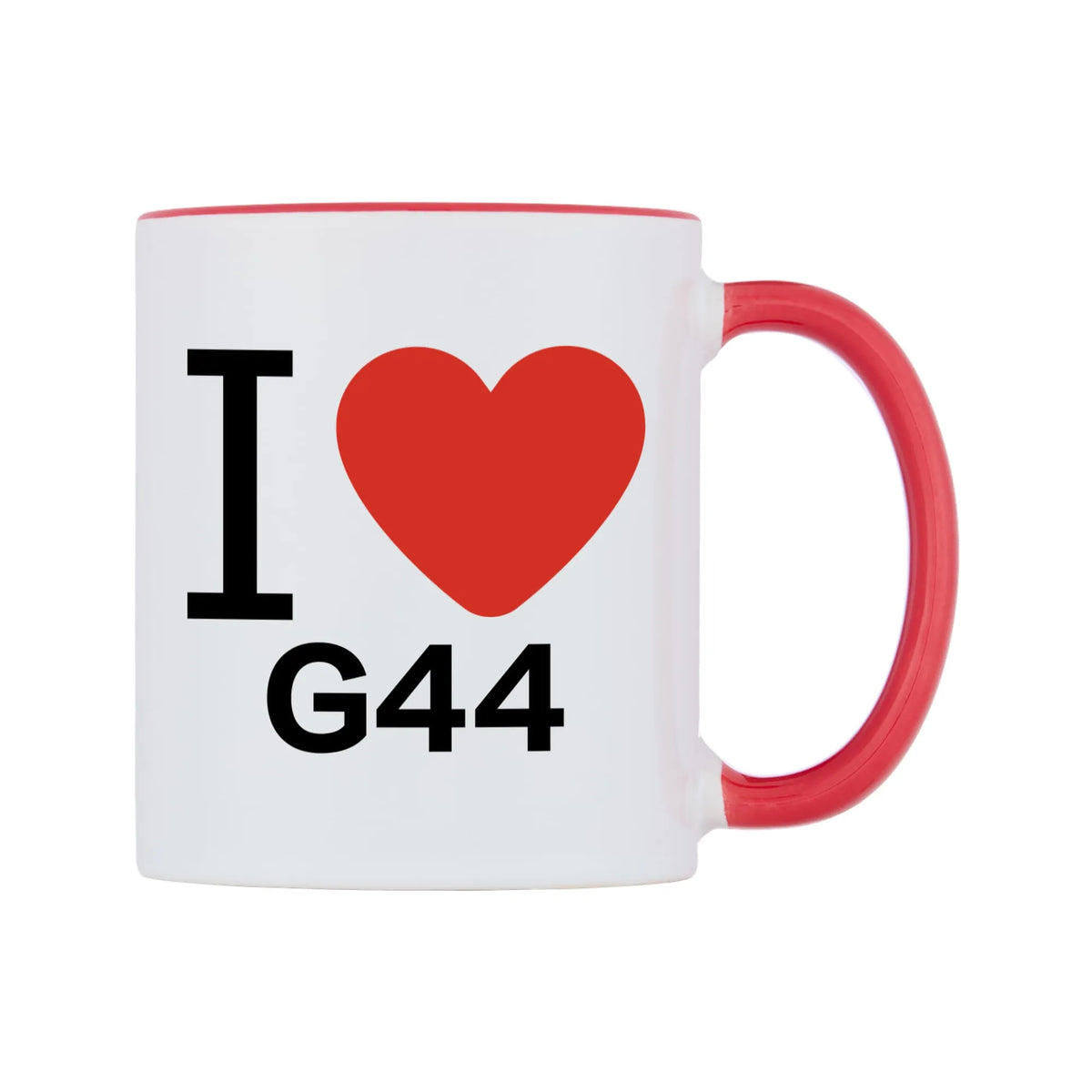 I Love G44 Mug — white 11oz gloss mug with a red inside and handle, left side, on a white background