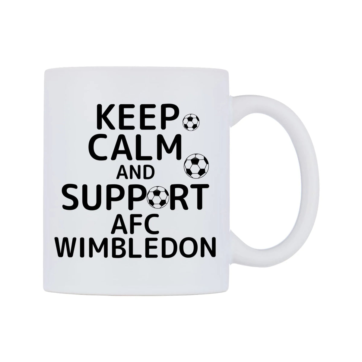 Keep Calm And Support AFC Wimbledon Mug — white 11oz gloss mug, left side, on a white background