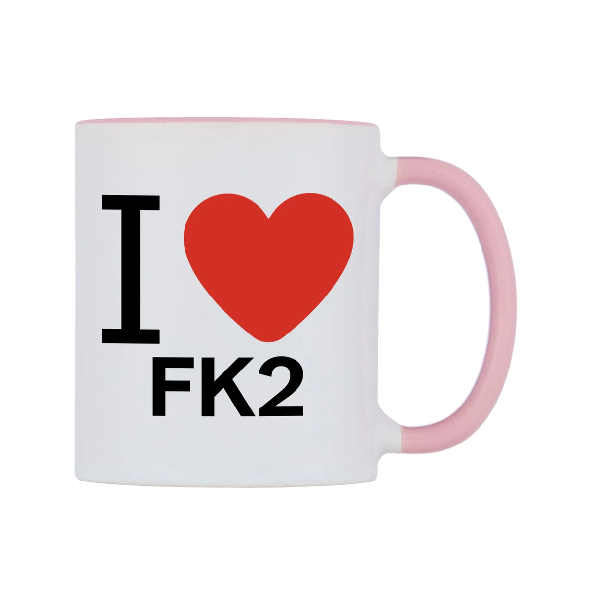 I Love FK2 Mug — white 11oz gloss mug with a pink inside and handle, left side, on a white background