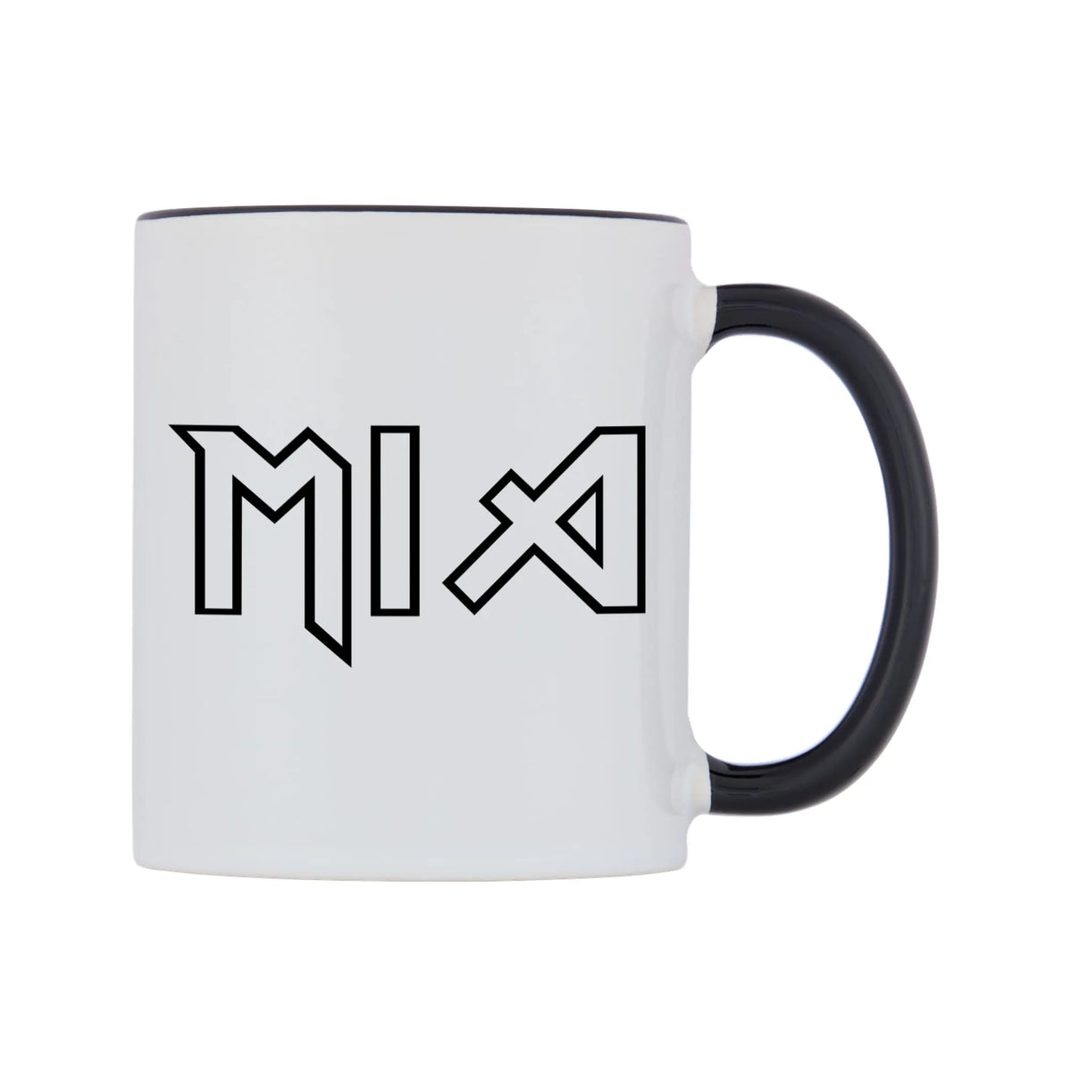 Mia - Iron Maiden Themed Mug — white 11oz gloss mug with a black inside and handle, left side, on a white background