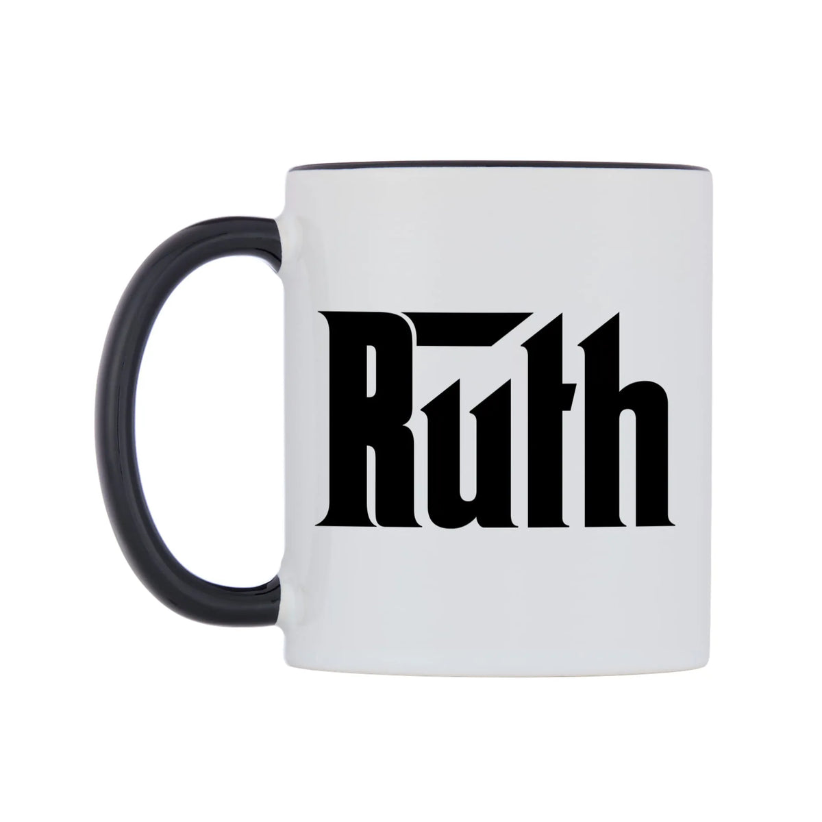 Ruth - Godfather Themed Mug — white 11oz gloss mug with a black inside and handle, right side, on a white background