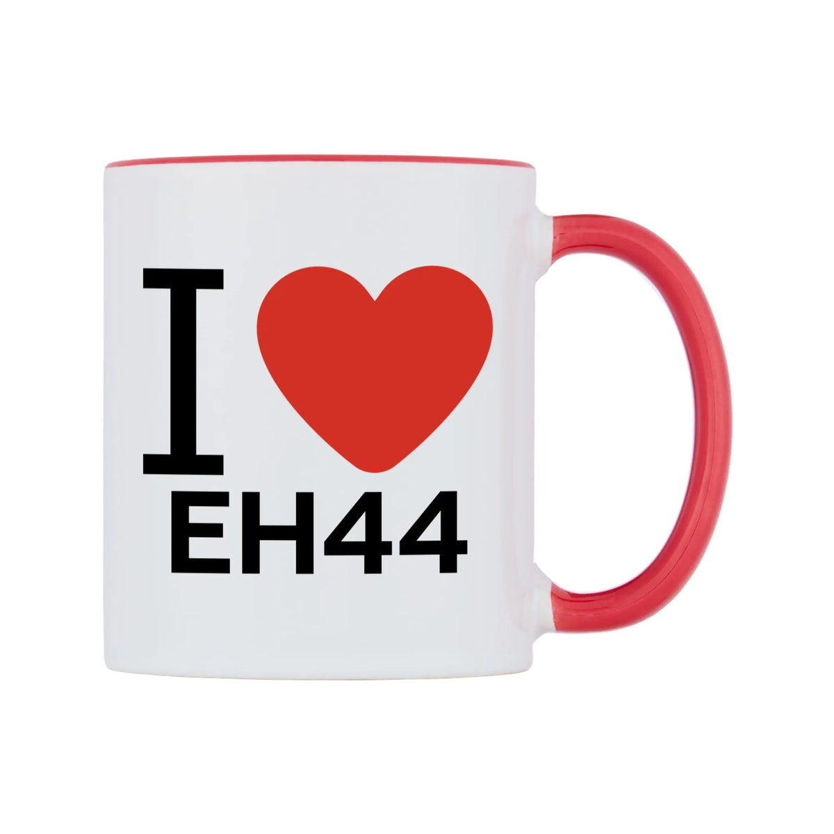 I Love EH44 Mug — white 11oz gloss mug with a red inside and handle, left side, on a white background