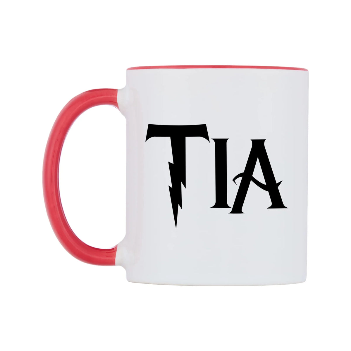 Tia - Wizard Themed Mug — white 11oz gloss mug with a red inside and handle, right side, on a white background
