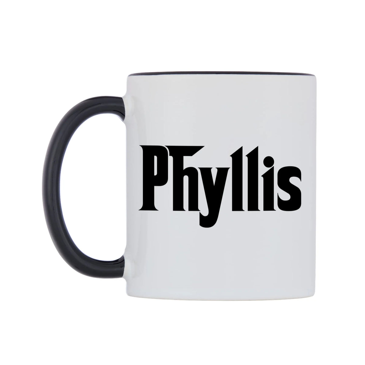 Phyllis - Godfather Themed Mug — white 11oz gloss mug with a black inside and handle, right side, on a white background