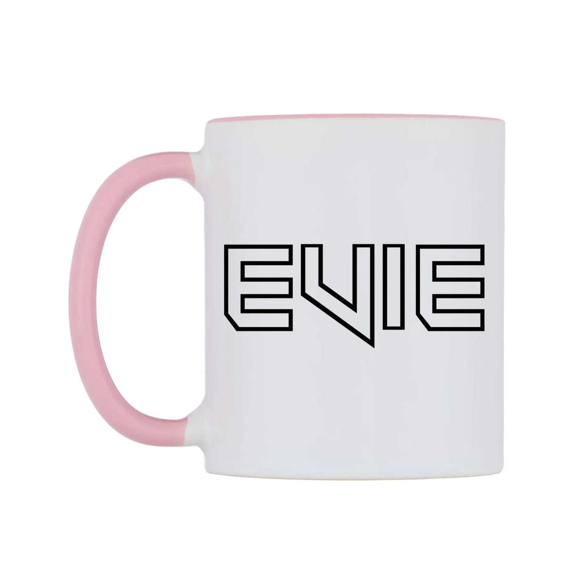 Evie - Iron Maiden Themed Mug — white 11oz gloss mug with a pink inside and handle, right side, on a white background